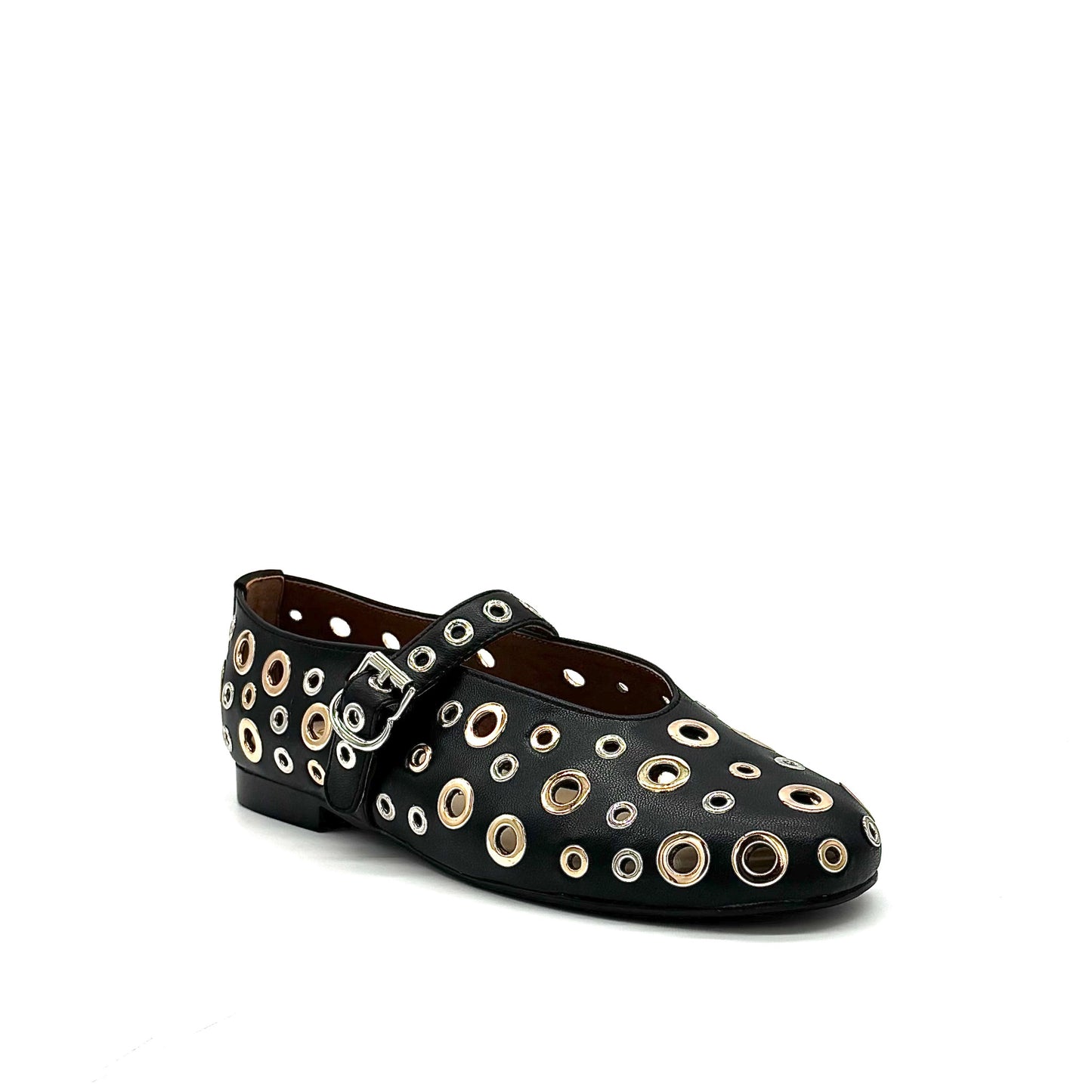 BONAVI Tinos leather ballet flats for women with studded eyelet design and Mary Jane strap in black and beige