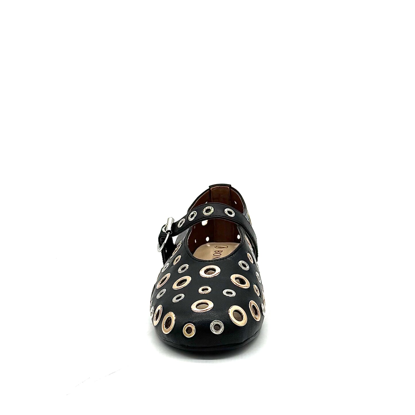 BONAVI Tinos leather ballet flats for women with studded eyelet design and Mary Jane strap in black and beige