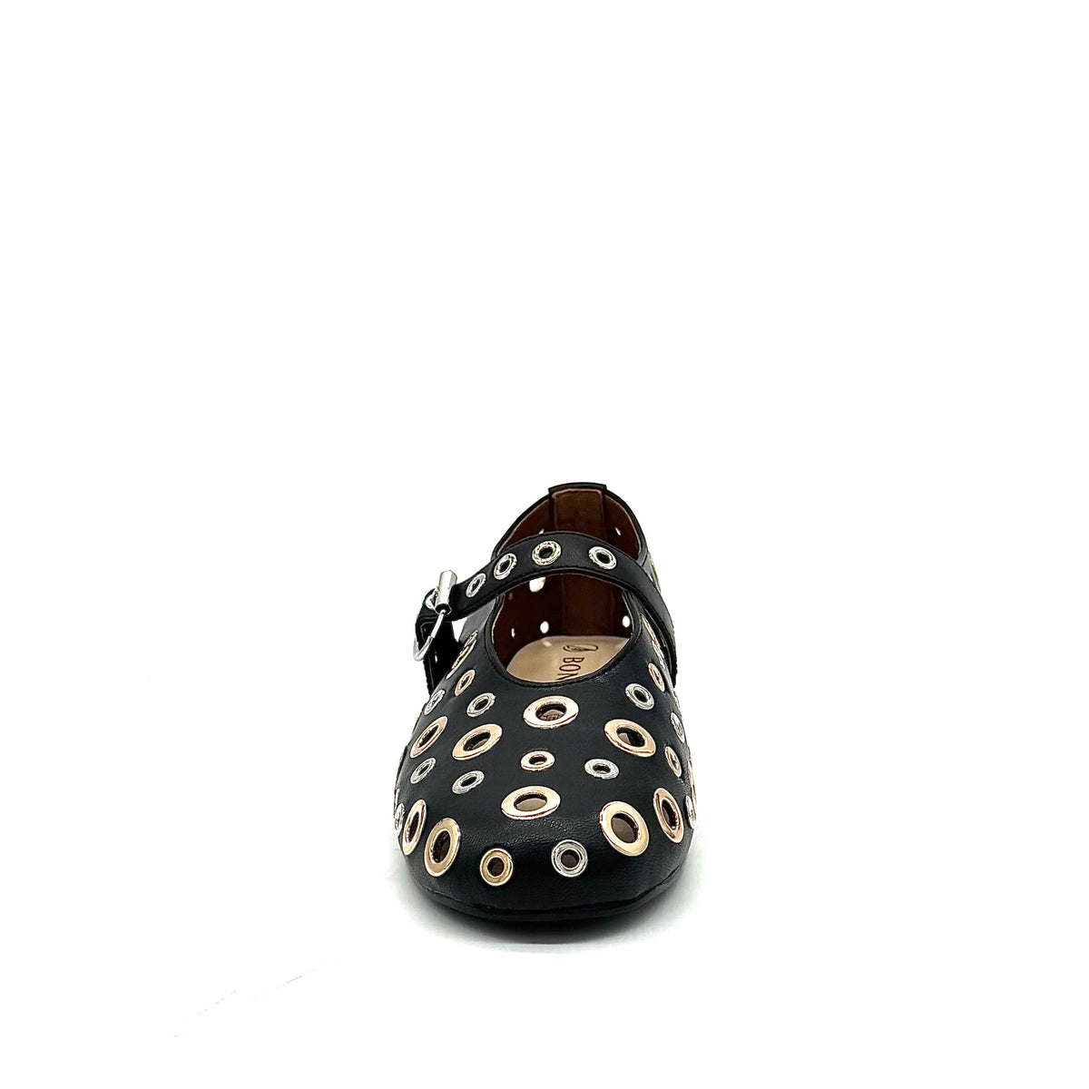 BONAVI Tinos leather ballet flats for women with studded eyelet design and Mary Jane strap in black and beige