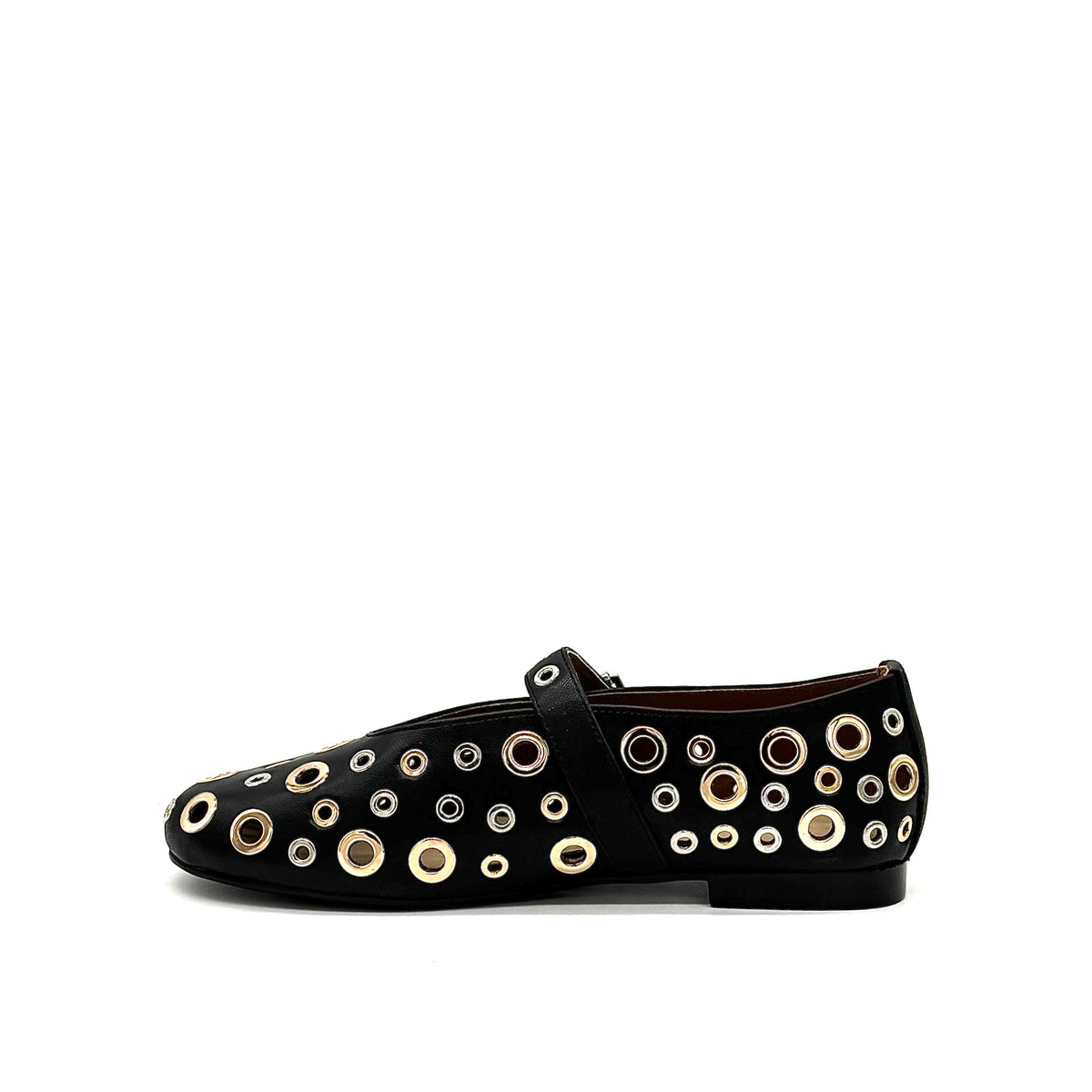BONAVI Tinos leather ballet flats for women with studded eyelet design and Mary Jane strap in black and beige