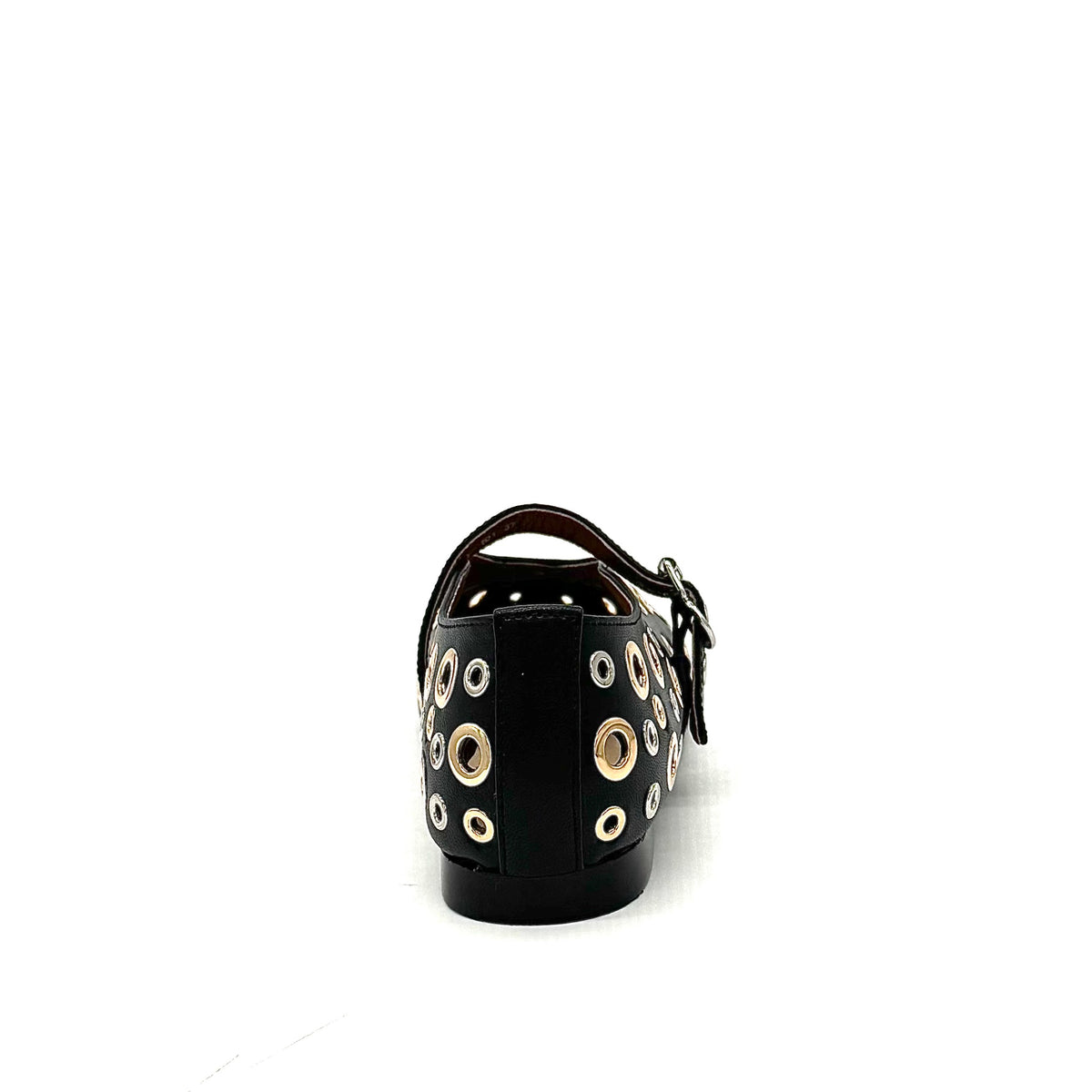 BONAVI Tinos leather ballet flats for women with studded eyelet design and Mary Jane strap in black and beige
