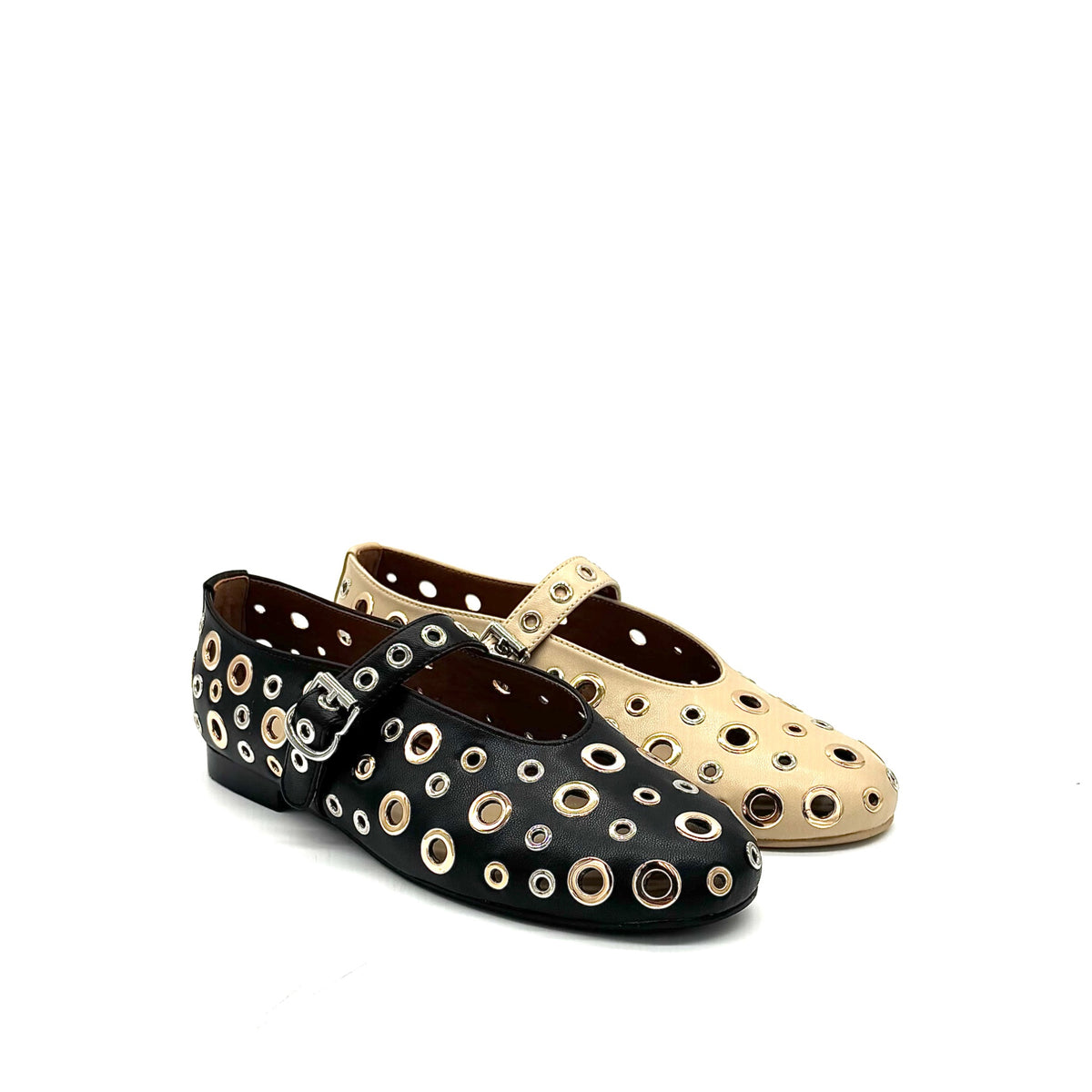 BONAVI Tinos leather ballet flats for women with studded eyelet design and Mary Jane strap in black and beige