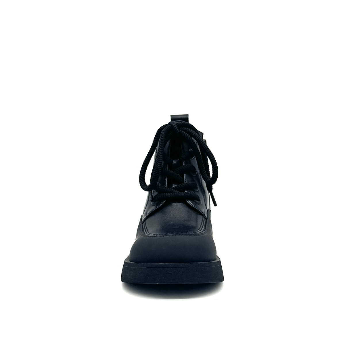 BONAVI Wren genuine leather combat boot in matte black with lace-up front and reinforced rubber toe guard, front view