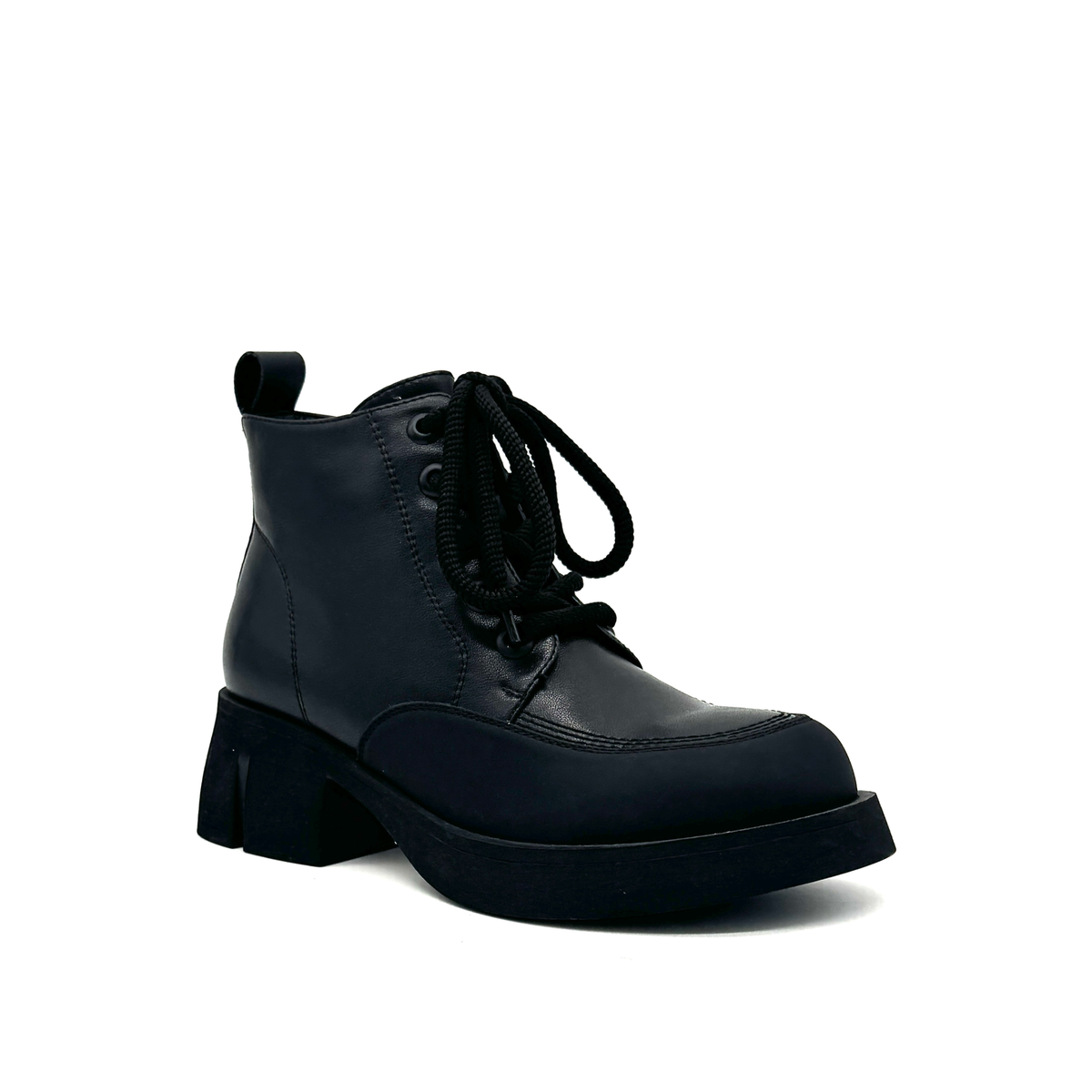 BONAVI Wren genuine leather combat boot in matte black with lace-up front, rubber toe guard and chunky sole, three-quarter view
