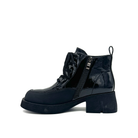 BONAVI Wren genuine leather combat boot in black patent with side zipper, rubber toe guard and chunky sole, inside profile