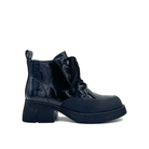 BONAVI Wren genuine leather combat boot in black patent with rubber toe guard and lace-up front, side view