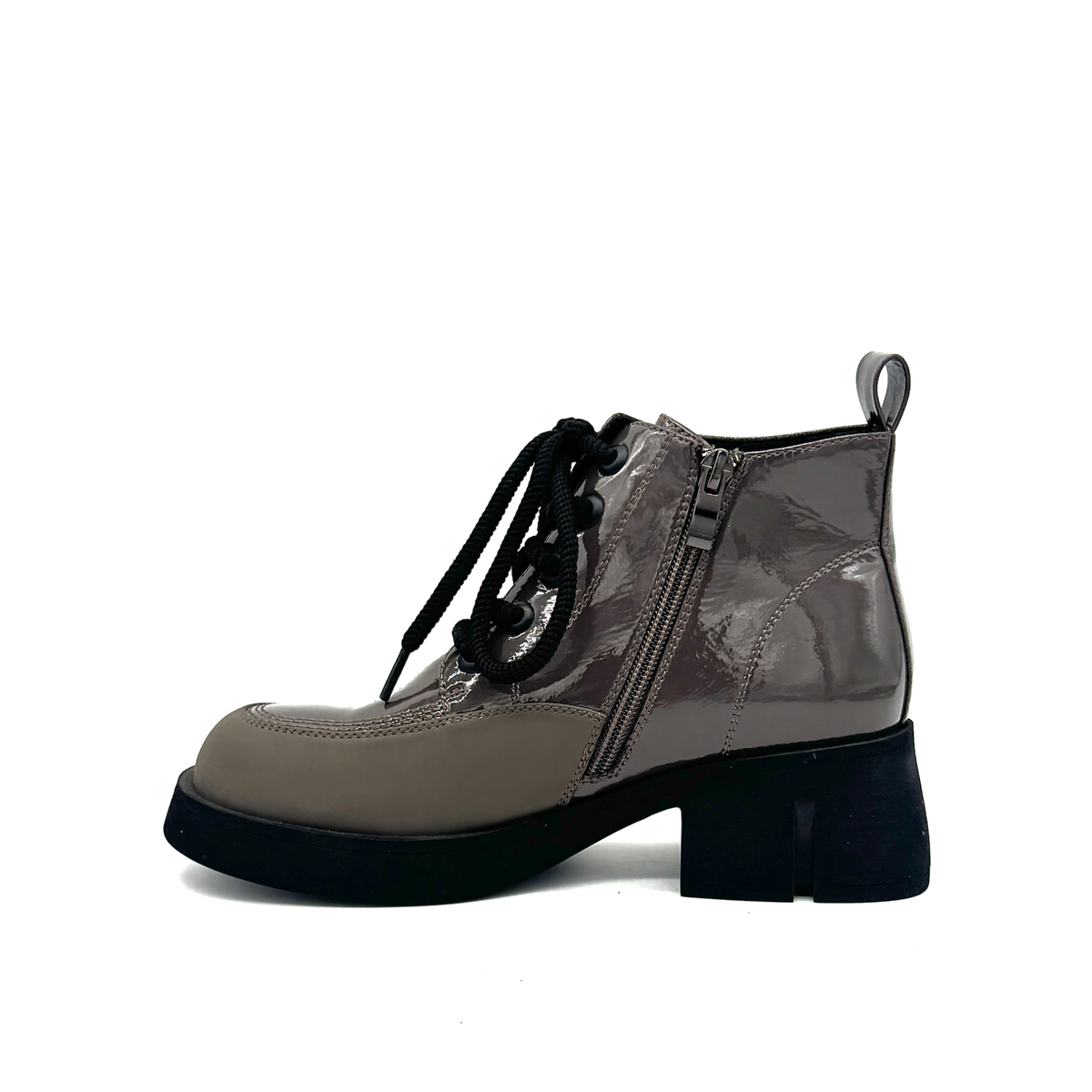 BONAVI Wren genuine leather combat boot in taupe patent with side zipper, rubber toe guard and chunky sole, inside profile