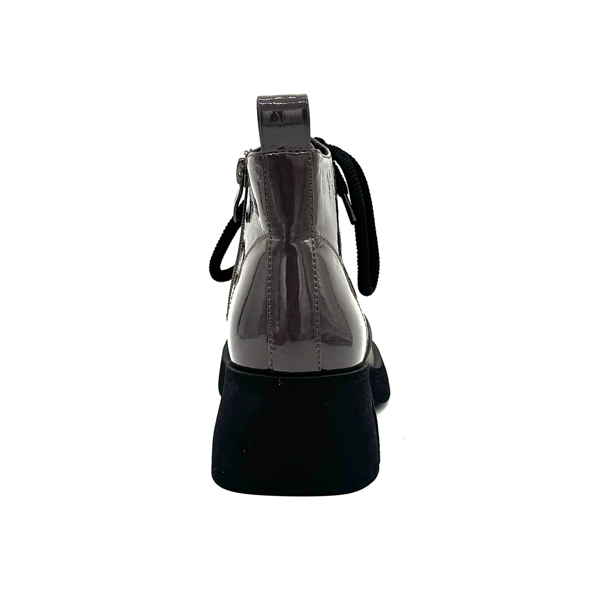 BONAVI Wren genuine leather combat boot in taupe patent with pull tab and block heel, rear view