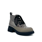 BONAVI Wren genuine leather combat boot in taupe patent with lace-up front, rubber toe guard and chunky sole, three-quarter view