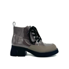 BONAVI Wren genuine leather combat boot in taupe patent with rubber toe guard and lace-up front, side view