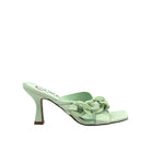 Mint: EXE 0234-22 chain-link strap heeled slide sandal in mint with sculptural flared heel and square toe, side view