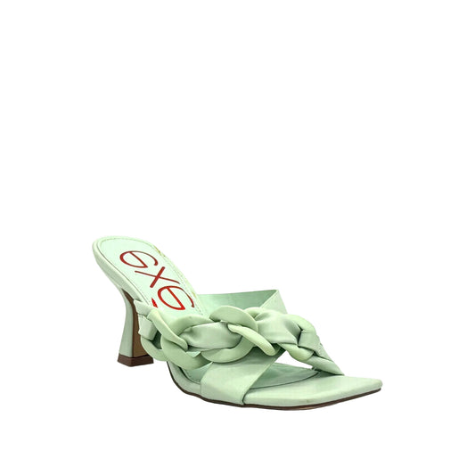 Mint: EXE 0234-22 chain-link strap heeled slide sandal in mint with sculptural flared heel and square toe, side view