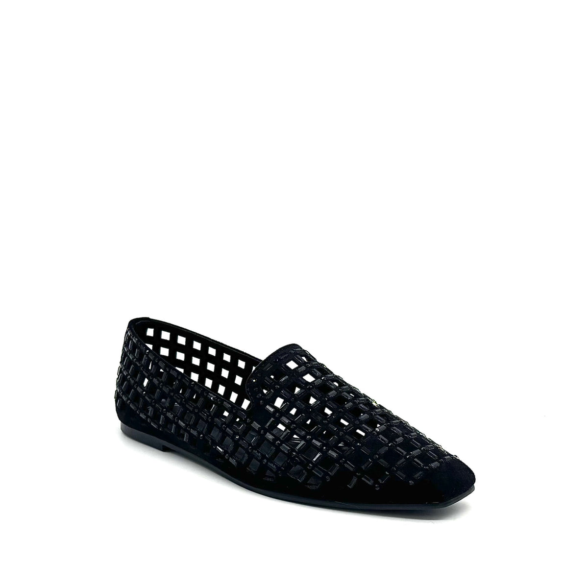 EXE 0285-1483 crystal-embellished caged loafer flat in black with rhinestone lattice cutout upper
