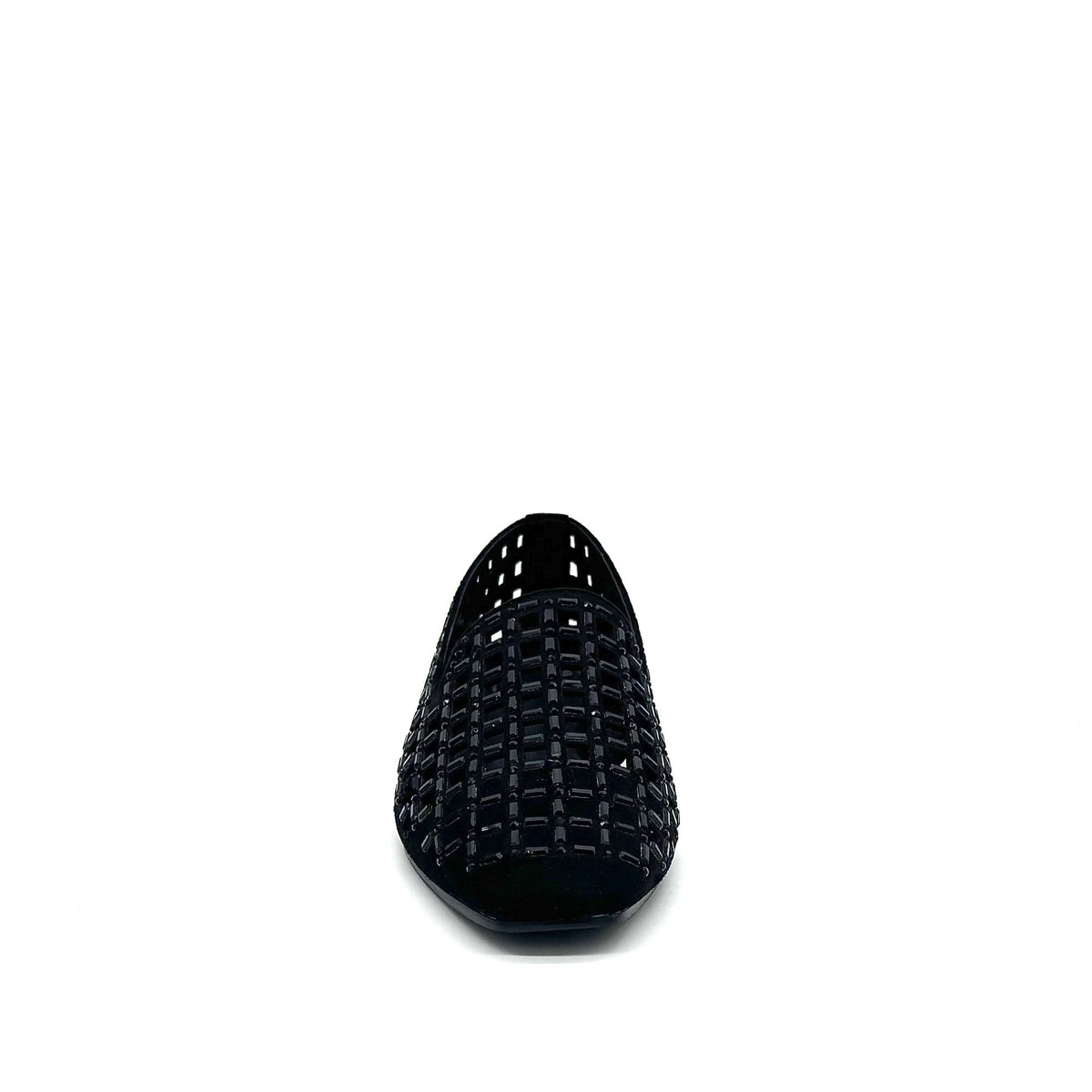 EXE 0285-1483 crystal-embellished caged loafer flat in black with rhinestone lattice cutout upper