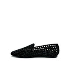 EXE 0285-1483 crystal-embellished caged loafer flat in black with rhinestone lattice cutout upper