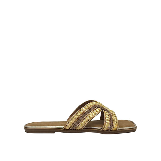 Gold: EXE 030-A7 woven cross-strap flat slide sandal in gold and natural with square toe, side view