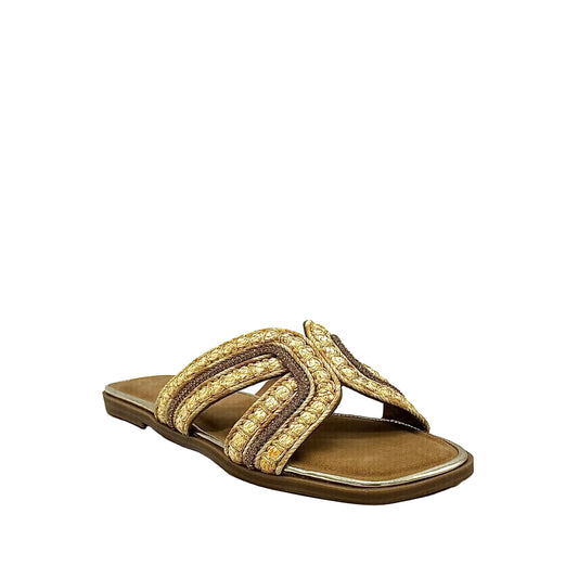 Gold: EXE 030-A7 woven cross-strap flat slide sandal in gold and natural with square toe, side view