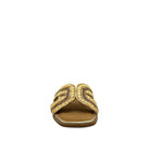 Gold: EXE 030-A7 woven cross-strap flat slide sandal in gold and natural with square toe, side view