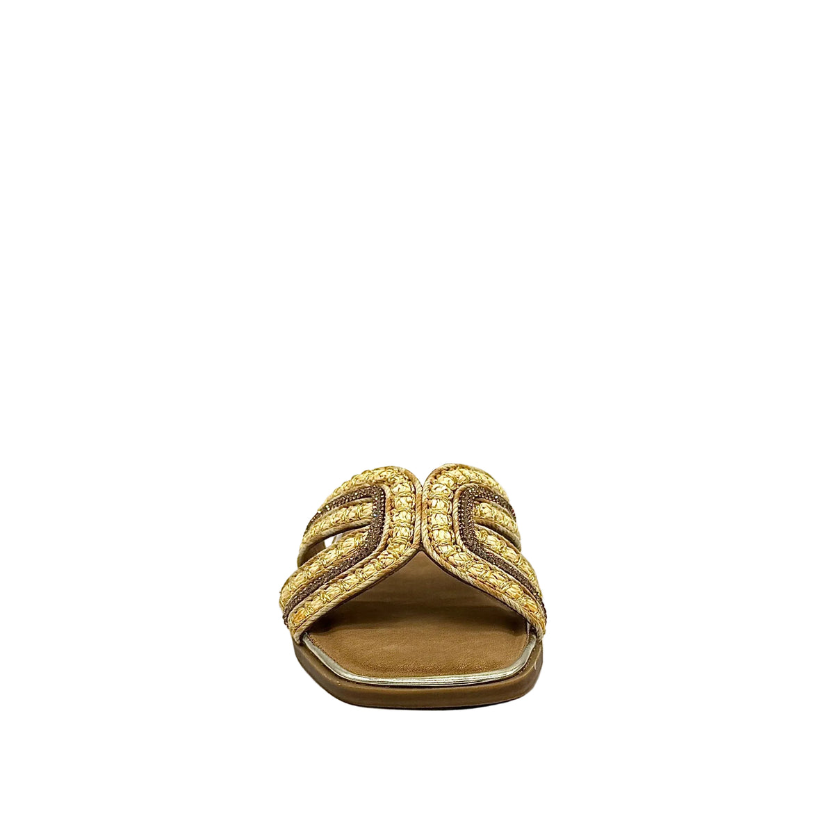 Gold: EXE 030-A7 woven cross-strap flat slide sandal in gold and natural with square toe, side view