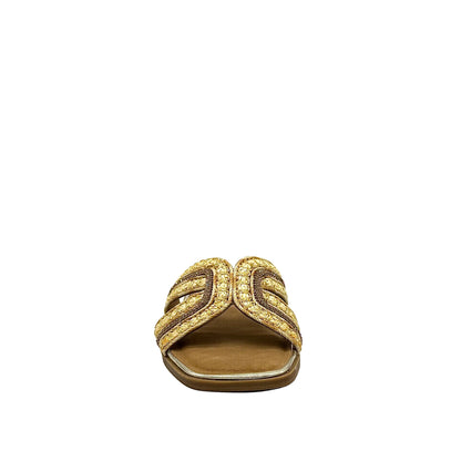 Gold: EXE 030-A7 woven cross-strap flat slide sandal in gold and natural with square toe, side view