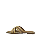 Gold: EXE 030-A7 woven cross-strap flat slide sandal in gold and natural with square toe, side view