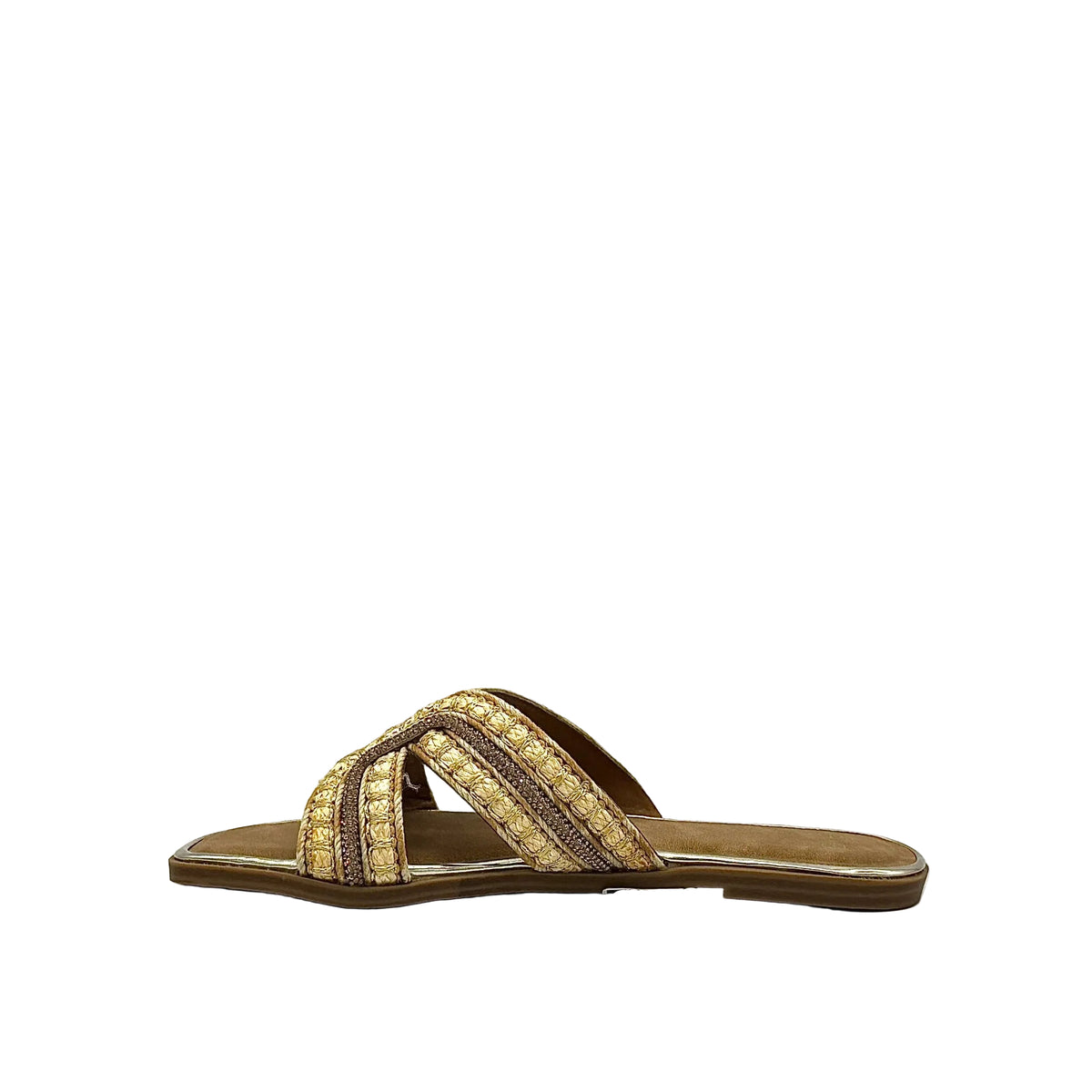 Gold: EXE 030-A7 woven cross-strap flat slide sandal in gold and natural with square toe, side view