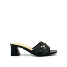 Black: EXE 333-15 woven horsebit block heel slide sandal in black with gold-tone hardware and square toe, side view
