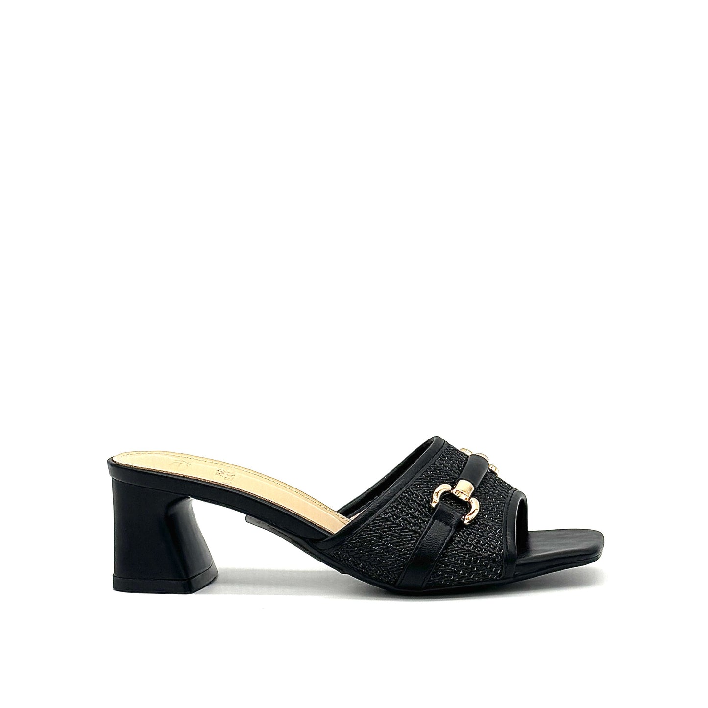 Black: EXE 333-15 woven horsebit block heel slide sandal in black with gold-tone hardware and square toe, side view