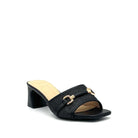 Black: EXE 333-15 woven horsebit block heel slide sandal in black with gold-tone hardware and square toe, side view