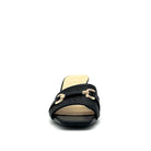 Black: EXE 333-15 woven horsebit block heel slide sandal in black with gold-tone hardware and square toe, side view