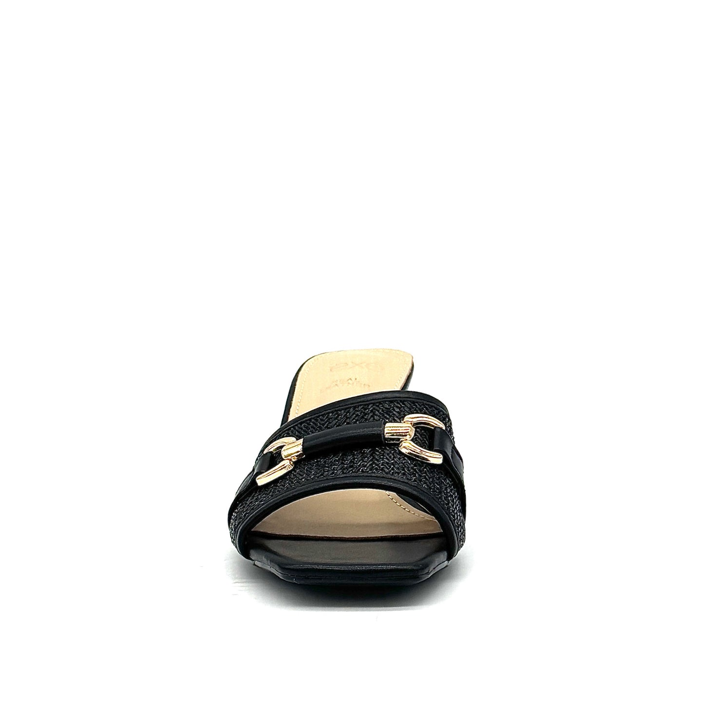 Black: EXE 333-15 woven horsebit block heel slide sandal in black with gold-tone hardware and square toe, side view