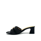 Black: EXE 333-15 woven horsebit block heel slide sandal in black with gold-tone hardware and square toe, side view