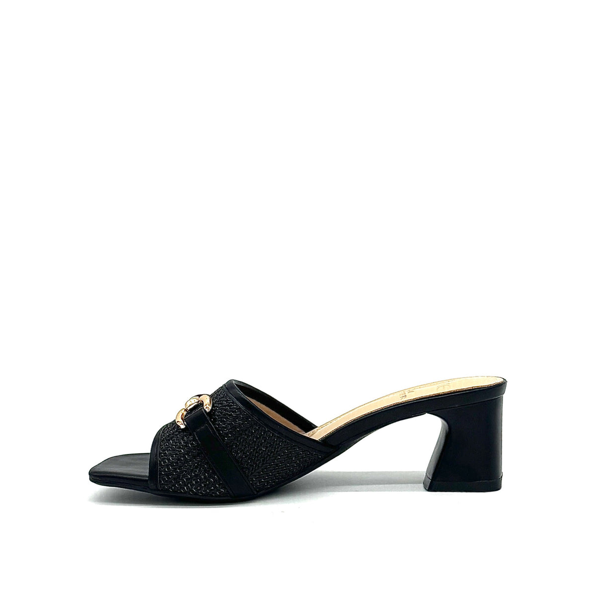 Black: EXE 333-15 woven horsebit block heel slide sandal in black with gold-tone hardware and square toe, side view