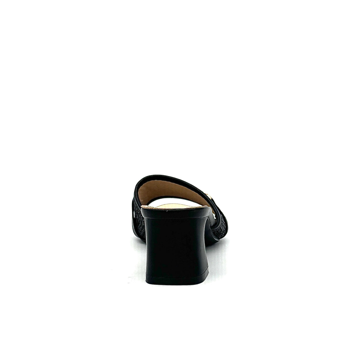 Black: EXE 333-15 woven horsebit block heel slide sandal in black with gold-tone hardware and square toe, side view