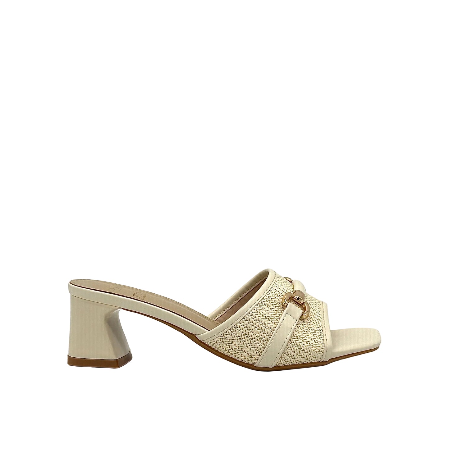 Cream: EXE 333-15 woven horsebit block heel slide sandal in cream with gold-tone hardware and square toe, side view