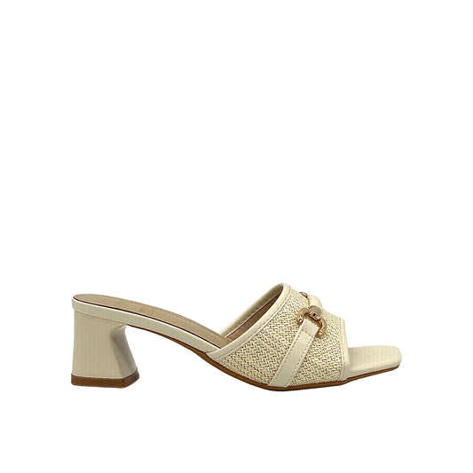 Cream: EXE 333-15 woven horsebit block heel slide sandal in cream with gold-tone hardware and square toe, side view