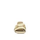 Cream: EXE 333-15 woven horsebit block heel slide sandal in cream with gold-tone hardware and square toe, side view
