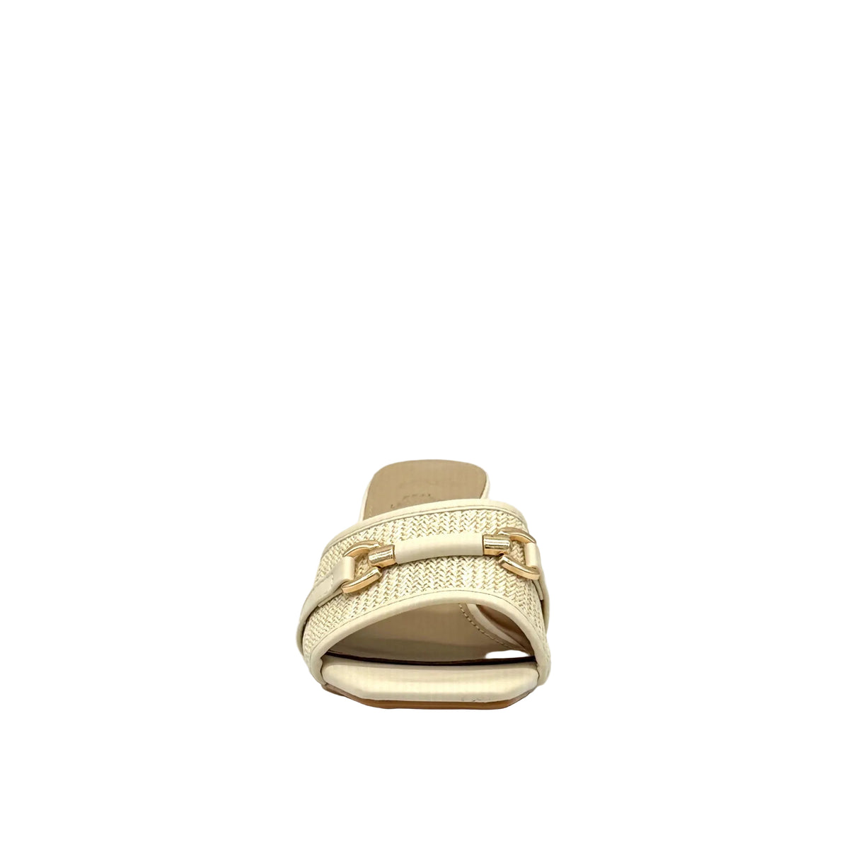 Cream: EXE 333-15 woven horsebit block heel slide sandal in cream with gold-tone hardware and square toe, side view