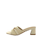 Cream: EXE 333-15 woven horsebit block heel slide sandal in cream with gold-tone hardware and square toe, side view