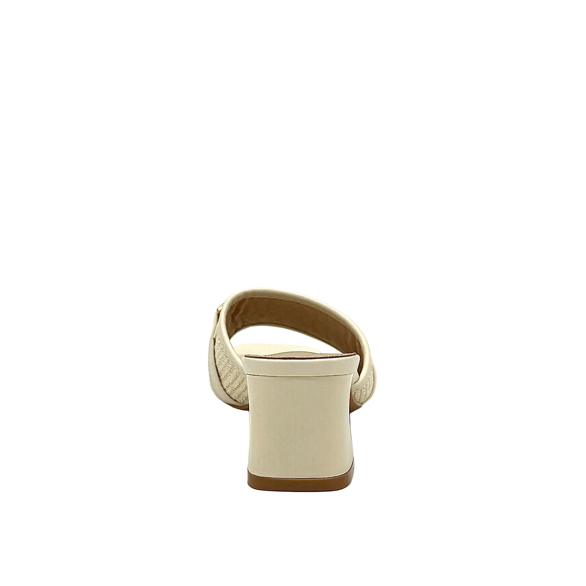 Cream: EXE 333-15 woven horsebit block heel slide sandal in cream with gold-tone hardware and square toe, side view