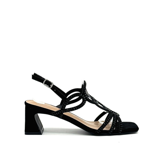 Black: EXE 3H107-16 cage-strap slingback block heel sandal in black with crystal-edged straps and adjustable ankle strap, side view