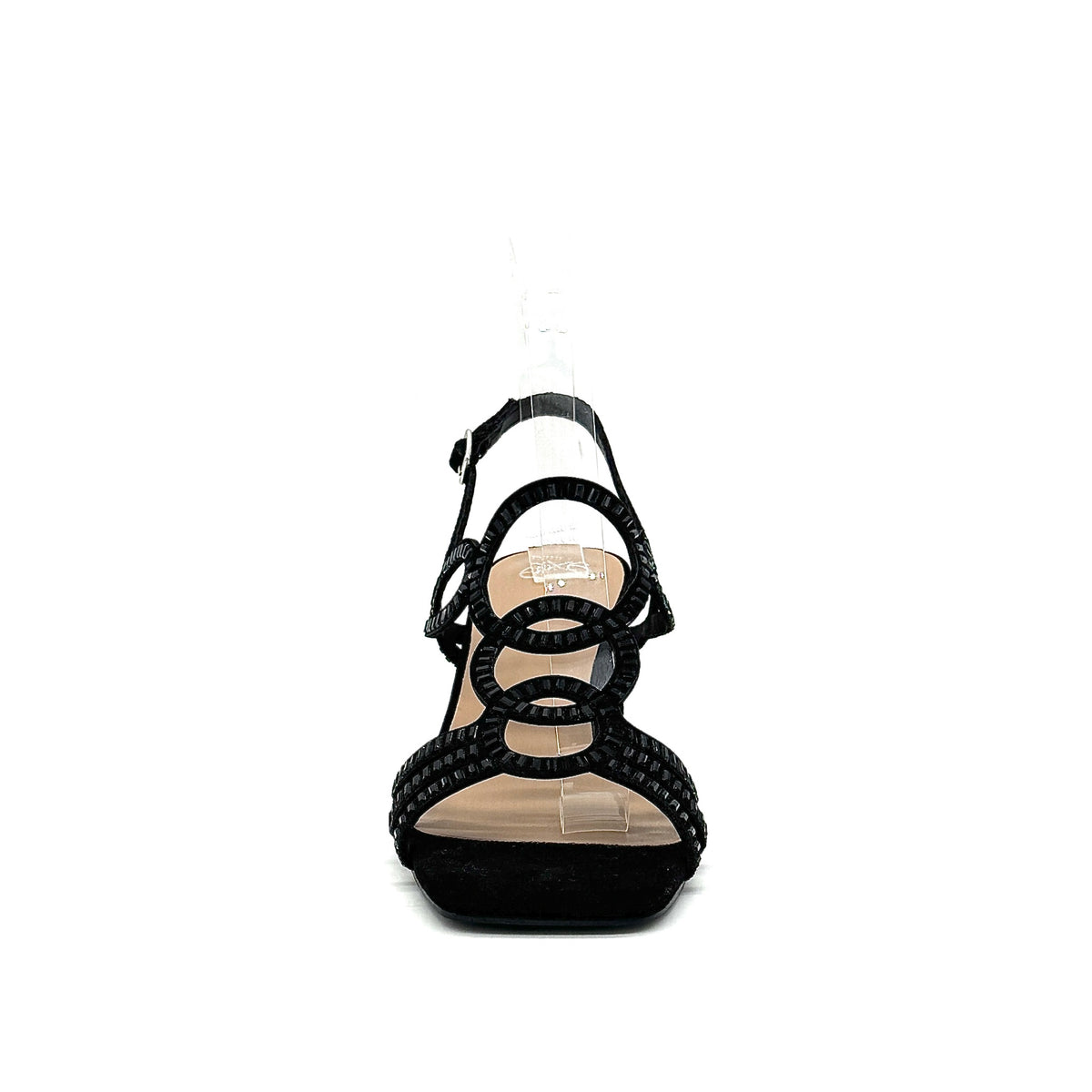 Black: EXE 3H107-16 cage-strap slingback block heel sandal in black with crystal-edged straps and adjustable ankle strap, side view