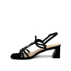 Black: EXE 3H107-16 cage-strap slingback block heel sandal in black with crystal-edged straps and adjustable ankle strap, side view