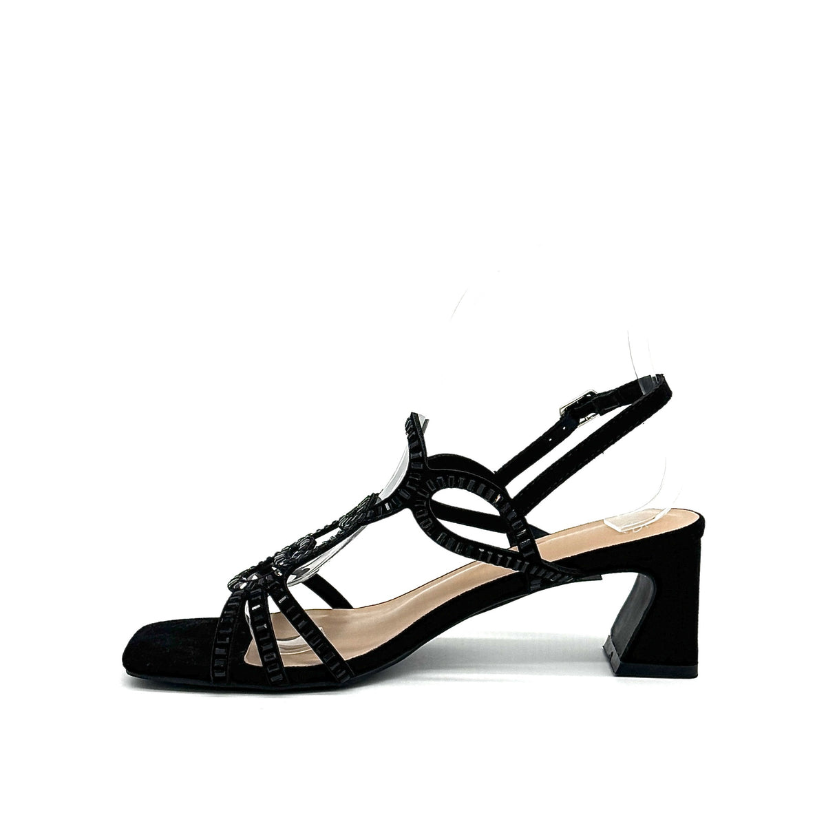 Black: EXE 3H107-16 cage-strap slingback block heel sandal in black with crystal-edged straps and adjustable ankle strap, side view