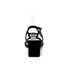 Black: EXE 3H107-16 cage-strap slingback block heel sandal in black with crystal-edged straps and adjustable ankle strap, side view