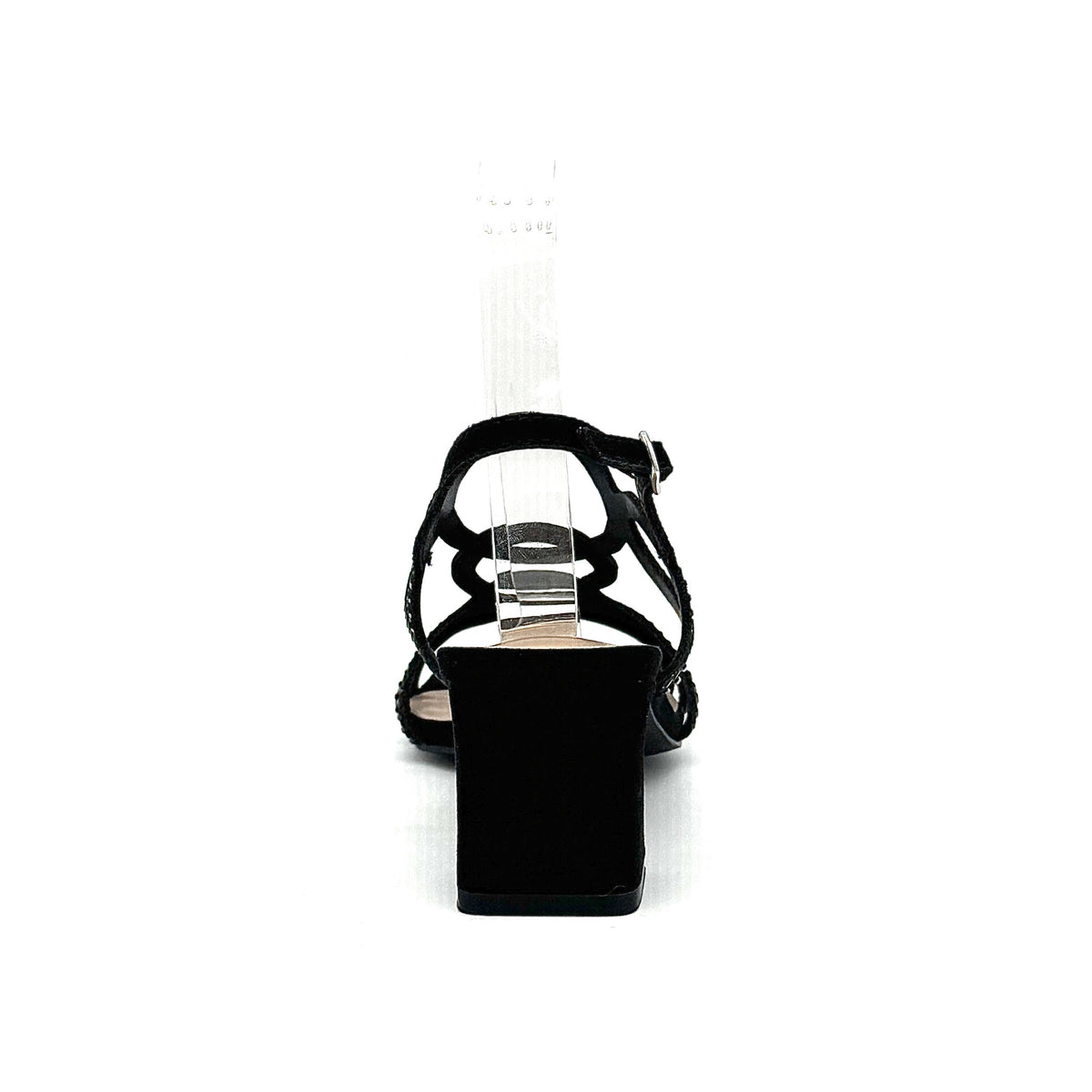 Black: EXE 3H107-16 cage-strap slingback block heel sandal in black with crystal-edged straps and adjustable ankle strap, side view