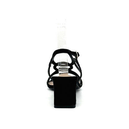 Black: EXE 3H107-16 cage-strap slingback block heel sandal in black with crystal-edged straps and adjustable ankle strap, side view
