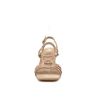 Taupe: EXE 3H107-16 cage-strap slingback block heel sandal in taupe with rose gold metallic-edged straps and adjustable ankle strap, side view
