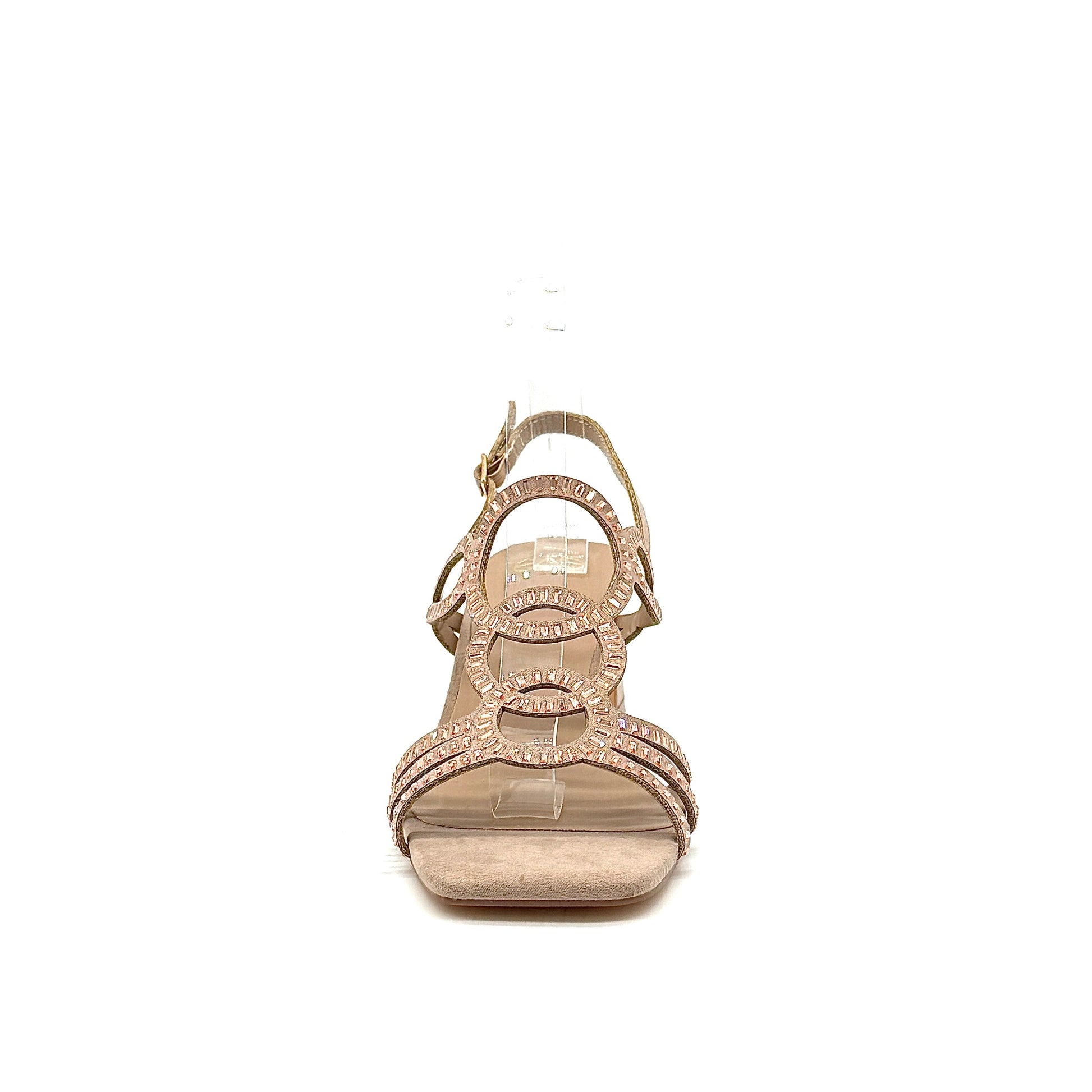 Taupe: EXE 3H107-16 cage-strap slingback block heel sandal in taupe with rose gold metallic-edged straps and adjustable ankle strap, side view
