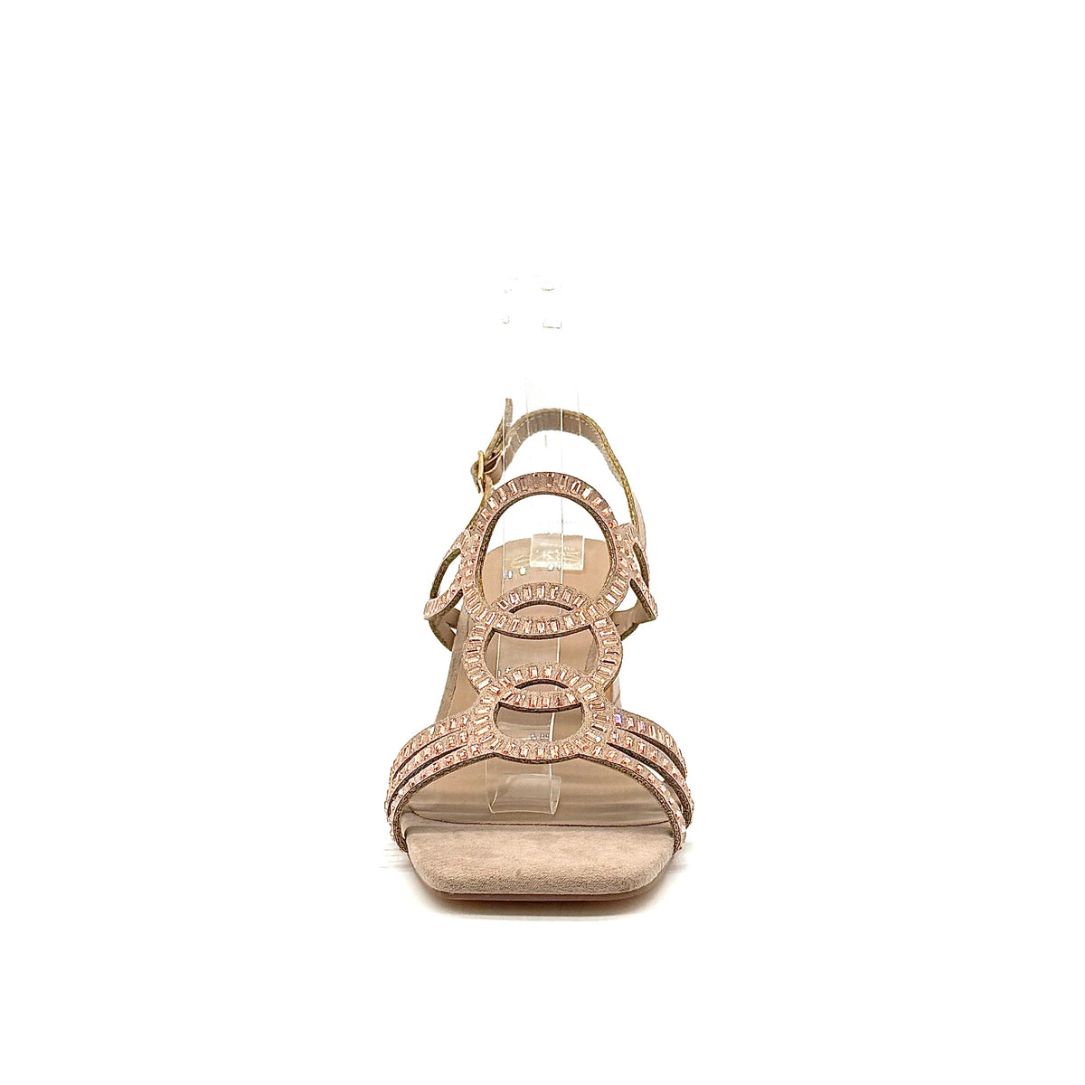 Taupe: EXE 3H107-16 cage-strap slingback block heel sandal in taupe with rose gold metallic-edged straps and adjustable ankle strap, side view
